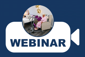 A graphic of a video camera, with the word "Webinar" and a picture of a a lady sat next to a TA180 transfer aid.