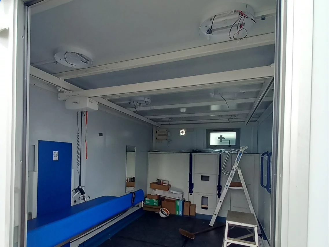 Portakabin Chaning Places In progress photo of fitting a Changing Places bathroom in a Portakabin
