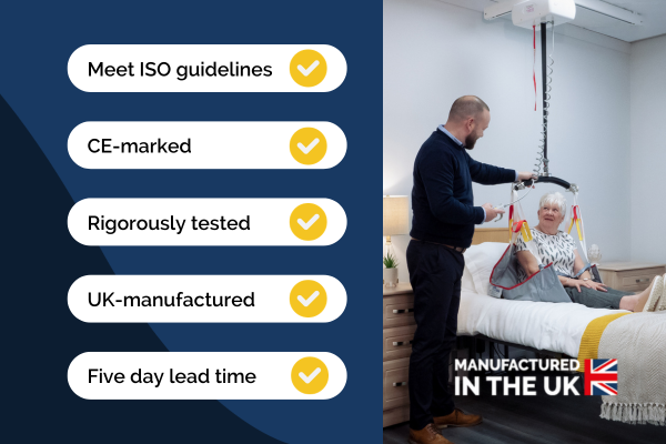 A picture of a lady in a sling, with a "Manufactured in the UK" logo, alongside a list with the following text 1. Meet ISO guidelines, 2. CE-marked, 3. Rigorously tested, 4. UK-manufactured, 5. Five day lead time