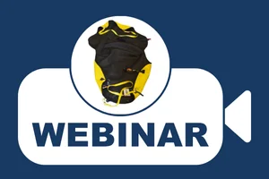 A graphic of a video camera, with the word "Webinar" and a picture of a Freeway Falls Recovery Sling.