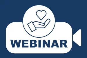 A graphic of a video camera, with the word "Webinar" and a picture of a heart in a hand