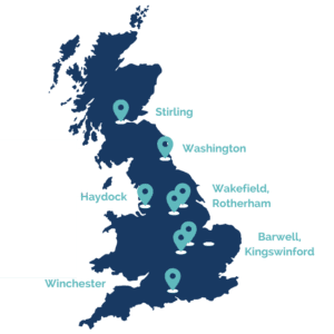 A map pinpointing the locations of our UK-wide engagement hubs.