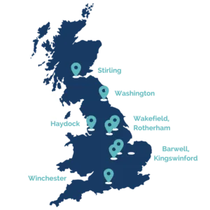 A map pinpointing the locations of our UK-wide engagement hubs.